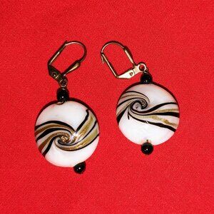 Murano Style Art Glass Swirl Drop Earrings - Gold & Black